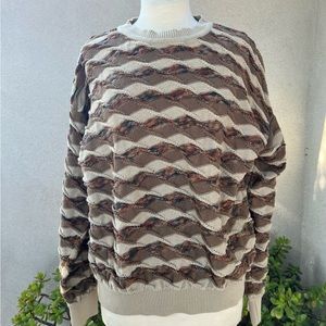 Vintage cotton textured browns geometric print pullover sweater XL BELLAGIO